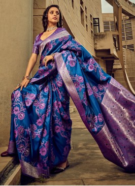 Blue Festive Saree With Weaving Floral Motifs Work