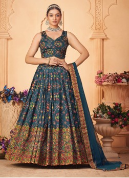 Blue Floral Printed Chinon Lehenga Choli