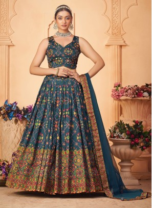 Blue Floral Printed Chinon Lehenga Choli