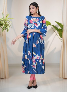 Blue Floral Printed Satin Silk A-Line Kurti