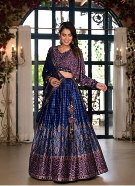 Blue Satin Lehenga Suit With Ajrakh Print