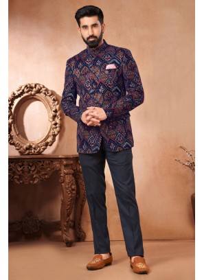 Blue Thread Embroidered Jodhpuri In Velvet