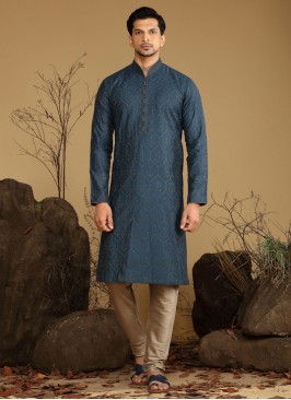 Blue Thread Embroidered Readymade Silk Kurta Pajam