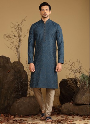 Blue Thread Embroidered Readymade Silk Kurta Pajama