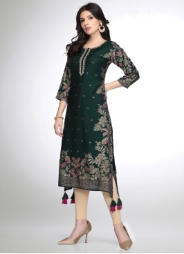 Bottle Green Floral Printed Kurti In Muslin Silk