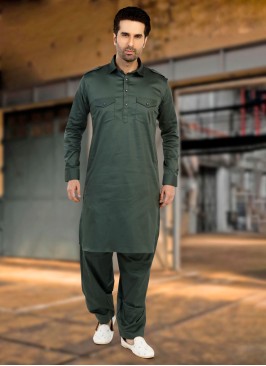 Bottle Green Pathani Kurta Set In Slub Cotton