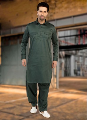 Bottle Green Pathani Kurta Set In Slub Cotton