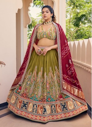 Breathtaking Mehndi Green And Maroon Embroidered Lehenga Choli