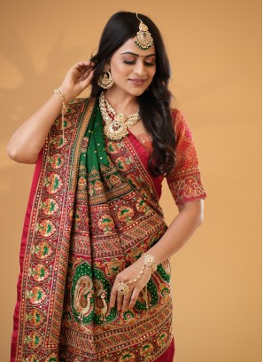 Meena's online Sarees Collection - Rs.6300 Pure gaji silk Gharchola saree.  Allover weaving motifs saree. Heavy weaving bandini pallu. Blouse with  borders | Facebook