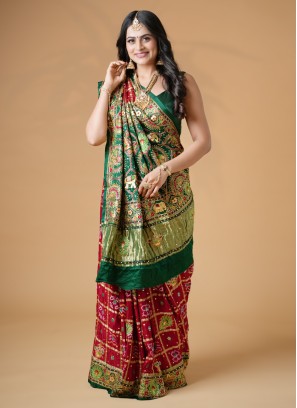 Bridal Wear Red And Green Gharchola Saree