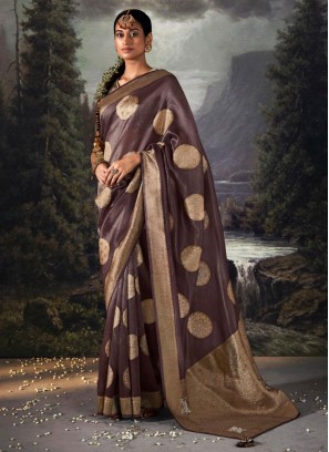 Brown Organaza Saree With Weaving Work