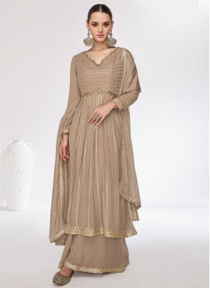 Georgette Dark Beige Palazzo Suit With Dupatta