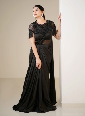 Cape Jacket Black Embroidered Gown In Satin Silk With Attached Drape