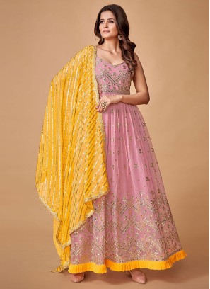 Baby Pink Georgette Sequins Embroidered Anarkali Dress