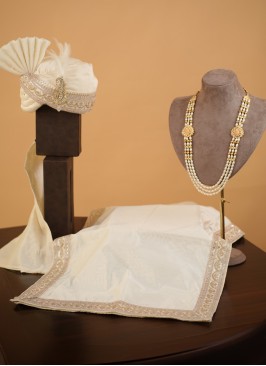 Chanderi Cotton Cream Rajwadi Style Turban, Dupatta And Mala