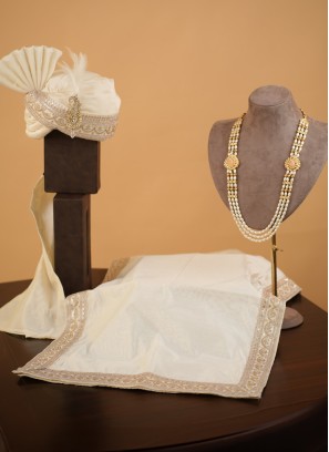 Chanderi Cotton Cream Rajwadi Style Turban, Dupatta And Mala