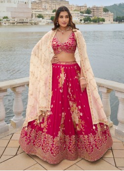 Cherry Red Floral Printed Chiffon Lehenga Choli