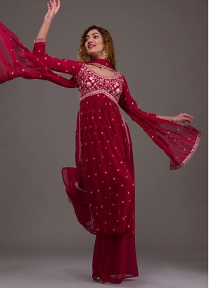 Cherry Red Georgette Palazzo Set With Long Kurti