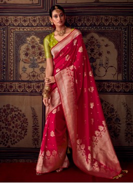 Cherry Red Woven Banarasi Crepe Saree