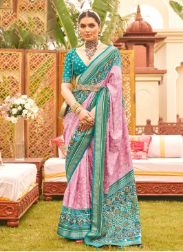 Pink And Sea Green Patola Printed Casual Wear Silk Saree