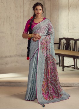 Grey Wedding Wear Printed Classic Saree