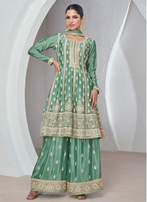 Green Color Appealing Chinon Silk Dress Material