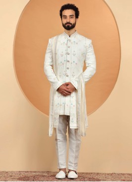 Chiffon Silk Off white Embroidered Sherwani With Dupatta