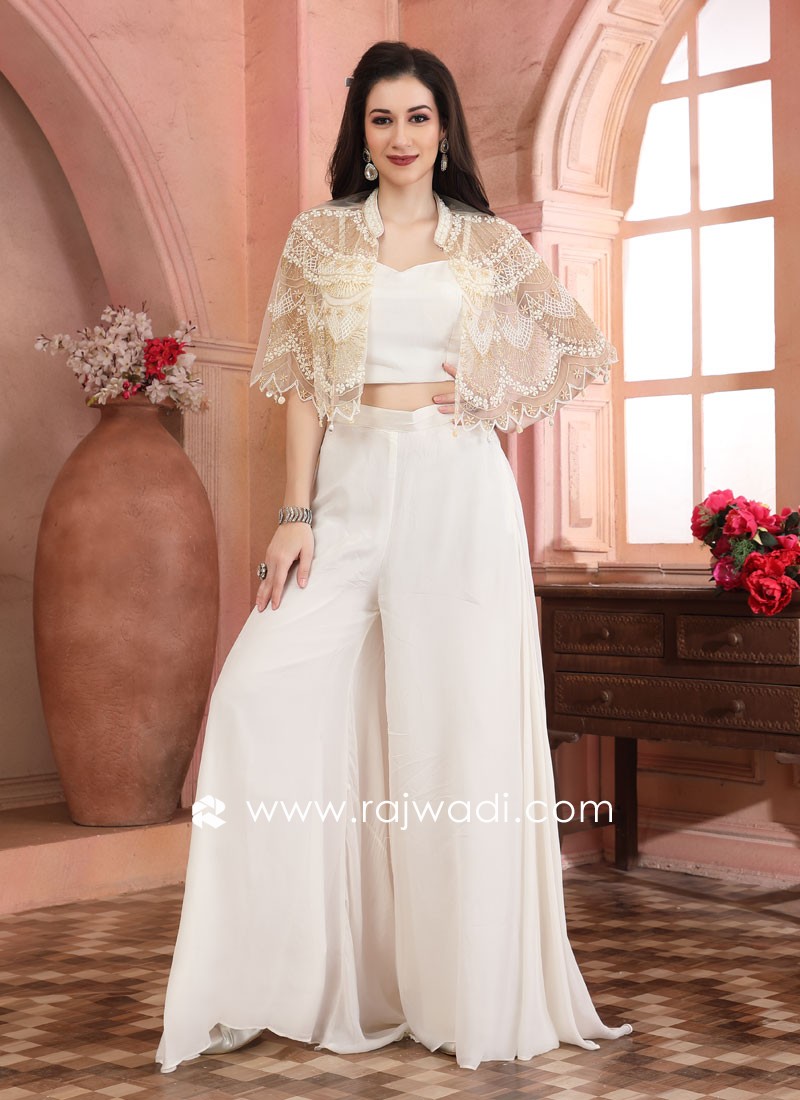 Stylish Cream Chinon Palazzo Suit With Embroidered Shrug