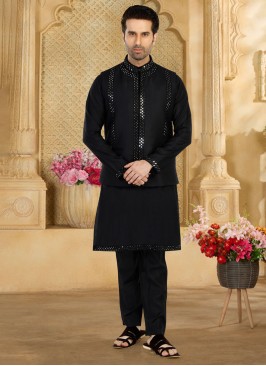 Classic Black Cotton Silk Embroidered Nehru Jacket Set