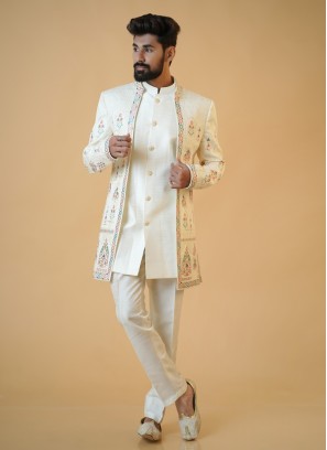 Classic Cream Wedding Indowestern Set With Jacket