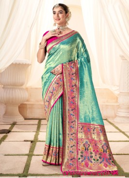 Classic Weaving Handloom Silk Saree In Sea Green