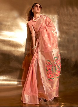 Lovely Peach Woven Embroidered Festive Wear Saree