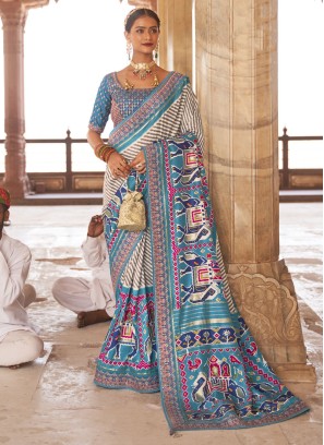 Classic Sky Blue And White Festive Silk Saree