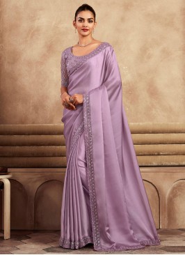 Lilac Sequins Embellished Satin Silk Saree