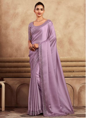Lilac Sequins Embellished Satin Silk Saree
