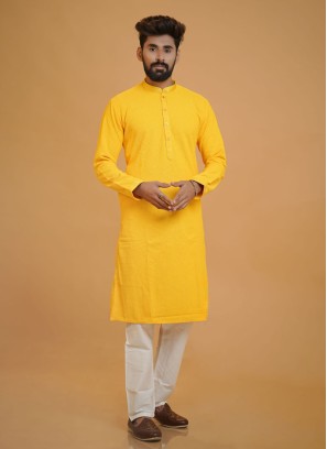 Cotton Haldi Wear Yellow Kurta Pajama For Men