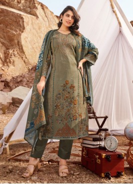 Olive Green Digital Printed Cotton Lawn Dress Material