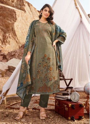 Olive Green Digital Printed Cotton Lawn Dress Material