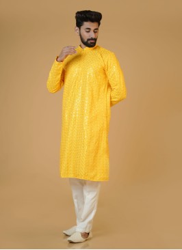Cotton Silk Haldi Wear Kurta Pajama For Men
