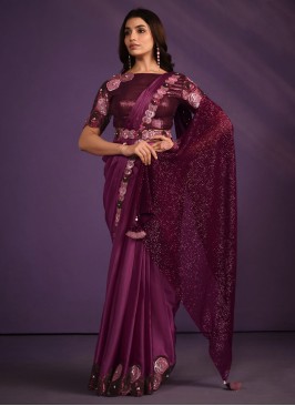 Crape Satin Fabric Ethnic Saree In Magenta Color