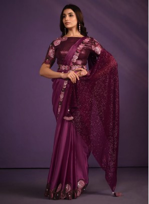 Crape Satin Fabric Ethnic Saree In Magenta Color