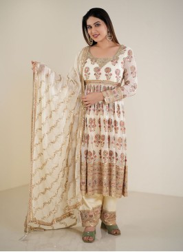 Cream Afghani Suit Set With Embroidered Work