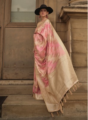 Designer Pink And Cream Woven Satin Silk Saree