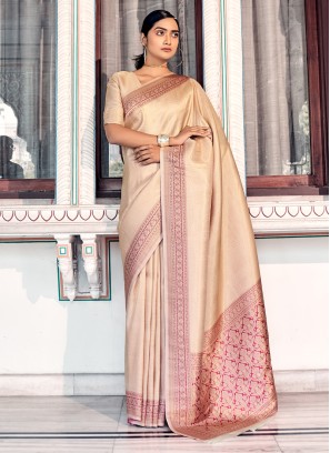 Cream And Pink Zari Embroidered Kanjivaram Silk Classic Saree