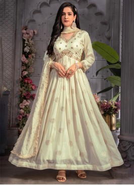 Cream Color Anarkali Suit Set In Banarasi