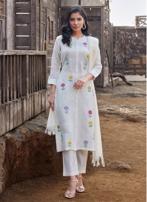 Cream Color Linen Fabric Pant Style Salwar Suit