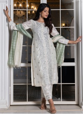 Cream Color Pant Style Salwar Kameez.