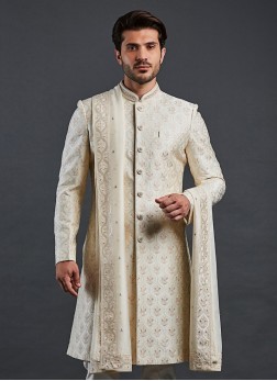 Cream Elegance Embroidered Sherwani Set For Groom