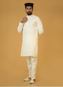 Cream Embroidered Silk Kurta Pajama