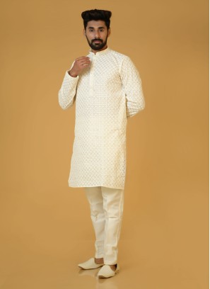 Cream Embroidered Silk Kurta Pajama